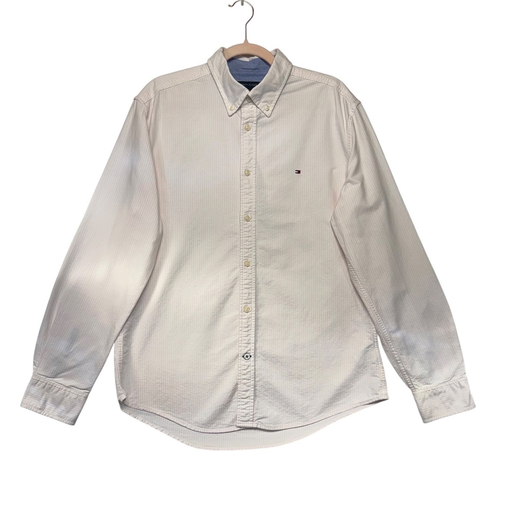 Tommy Hilfiger Mens Custom Fit Seersucker 100% Cotton Button Down Pink Striped L